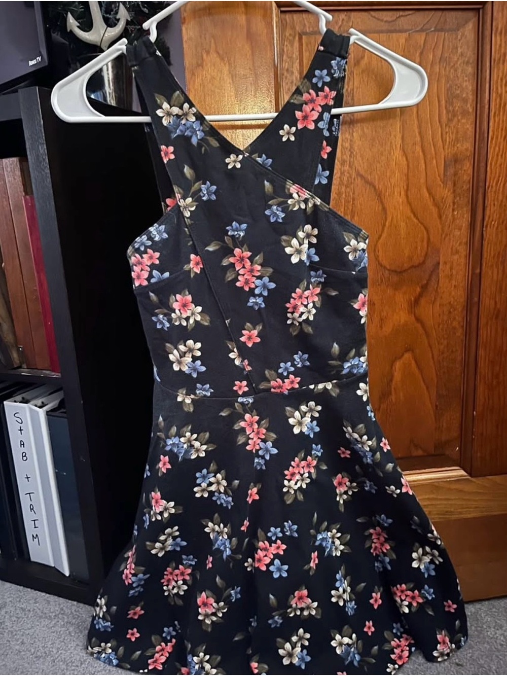 Hollister Black Floral Crossback Mini Dress with Pink, Blue & Cream Flowers